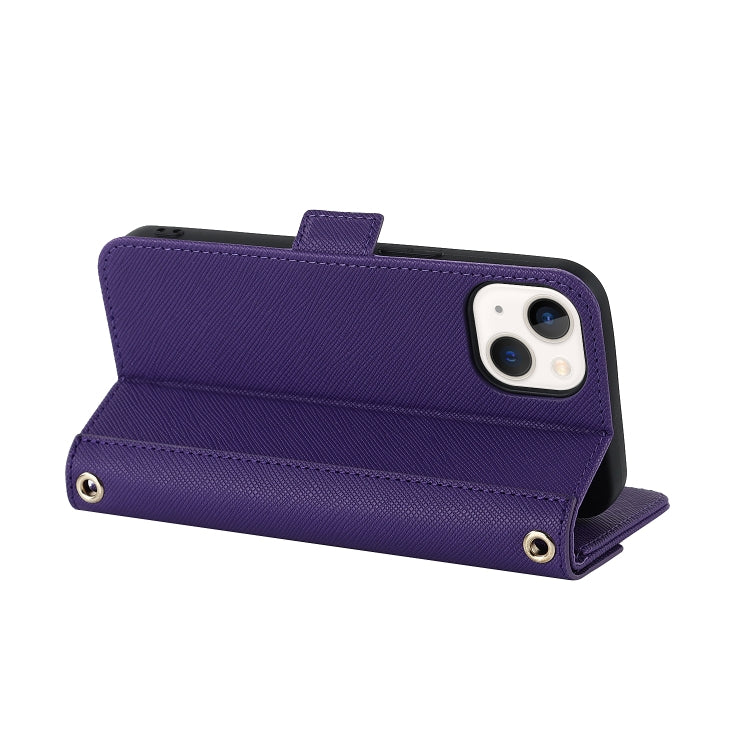For iPhone 14 Plus Cross Texture Lanyard Leather Phone Case