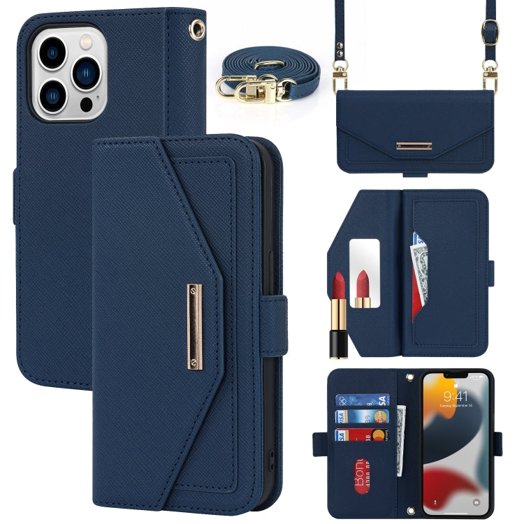 For iPhone 13 Pro Max Cross Texture Lanyard Leather Phone Case