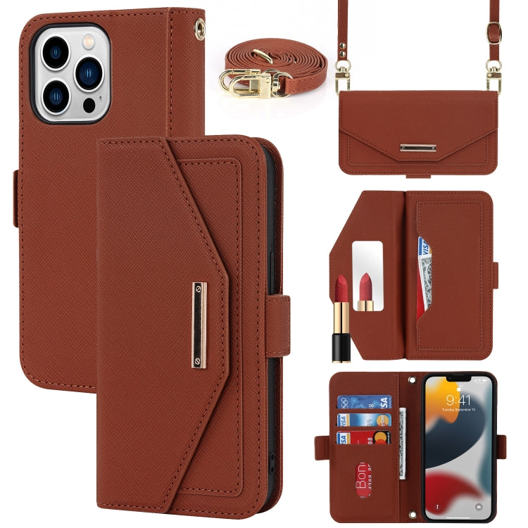 For iPhone 13 Pro Max Cross Texture Lanyard Leather Phone Case