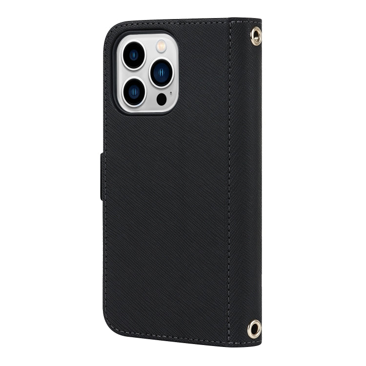 For iPhone 13 Pro Cross Texture Lanyard Leather Phone Case