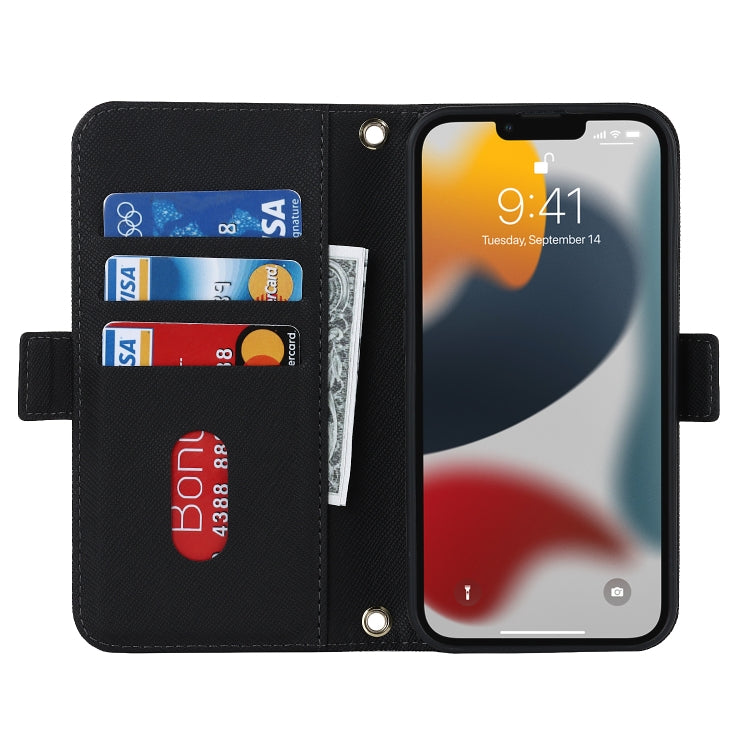 For iPhone 13 Pro Cross Texture Lanyard Leather Phone Case