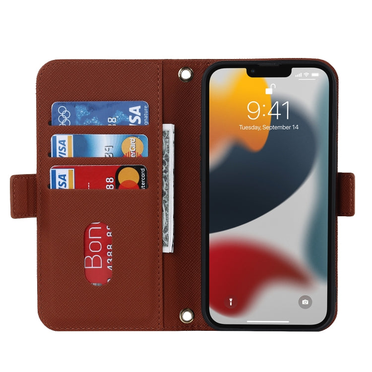 For iPhone 13 Pro Cross Texture Lanyard Leather Phone Case