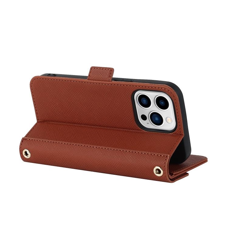 For iPhone 13 Pro Cross Texture Lanyard Leather Phone Case