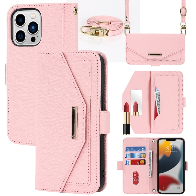 For iPhone 13 Pro Cross Texture Lanyard Leather Phone Case