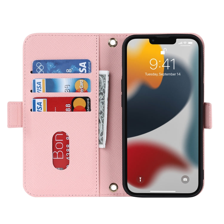For iPhone 13 Pro Cross Texture Lanyard Leather Phone Case