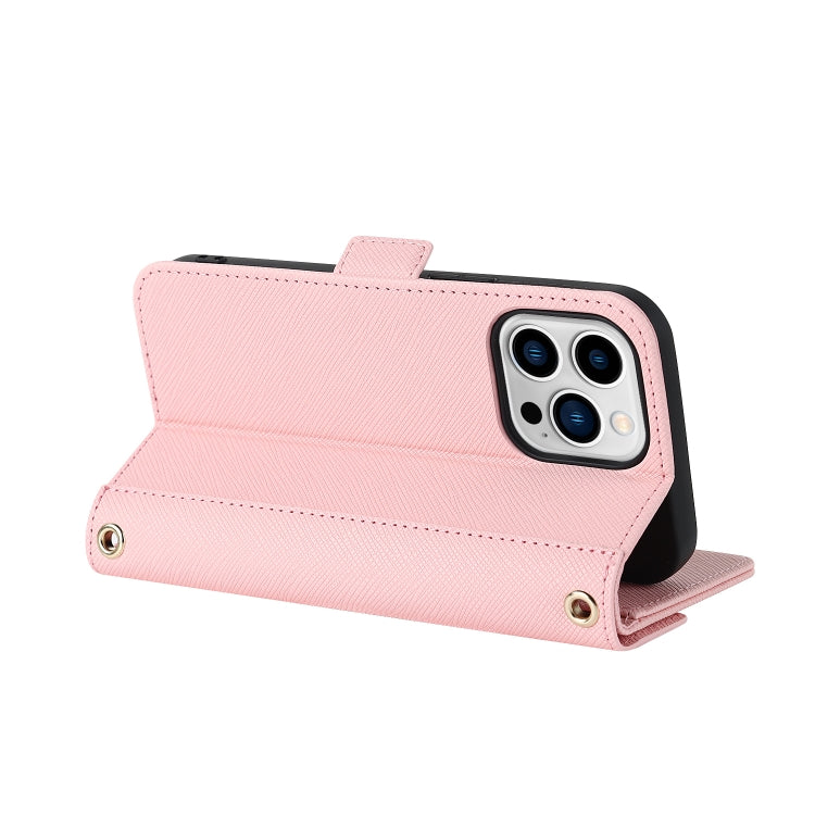 For iPhone 13 Pro Cross Texture Lanyard Leather Phone Case