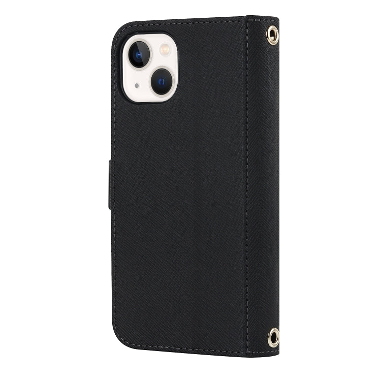 For iPhone 13 Cross Texture Lanyard Leather Phone Case