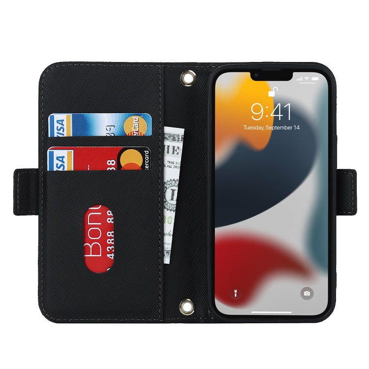 For iPhone 13 Cross Texture Lanyard Leather Phone Case