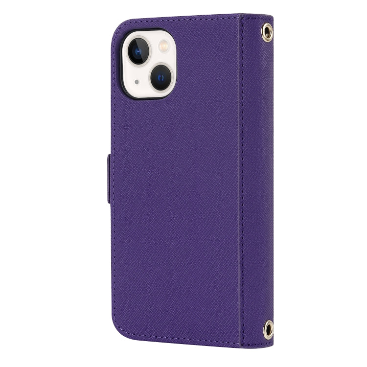 For iPhone 13 Cross Texture Lanyard Leather Phone Case