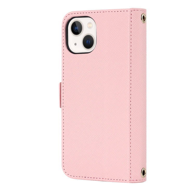 For iPhone 13 Cross Texture Lanyard Leather Phone Case