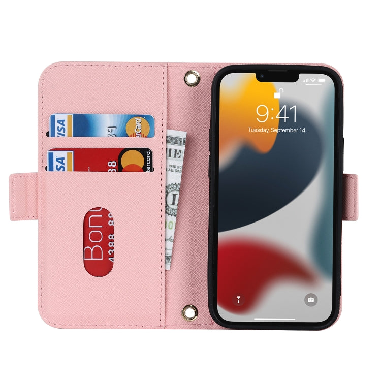 For iPhone 13 Cross Texture Lanyard Leather Phone Case