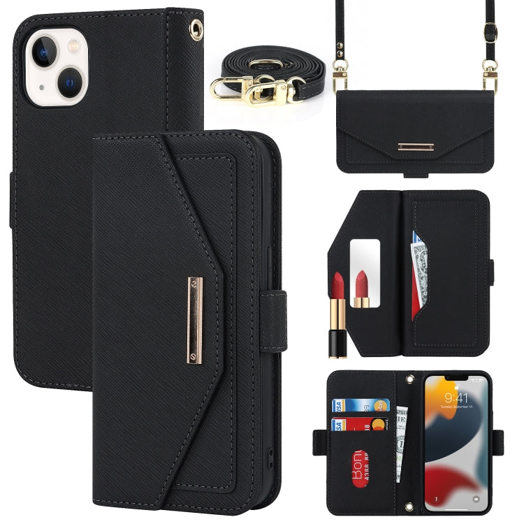 For iPhone 13 mini Cross Texture Lanyard Leather Phone Case