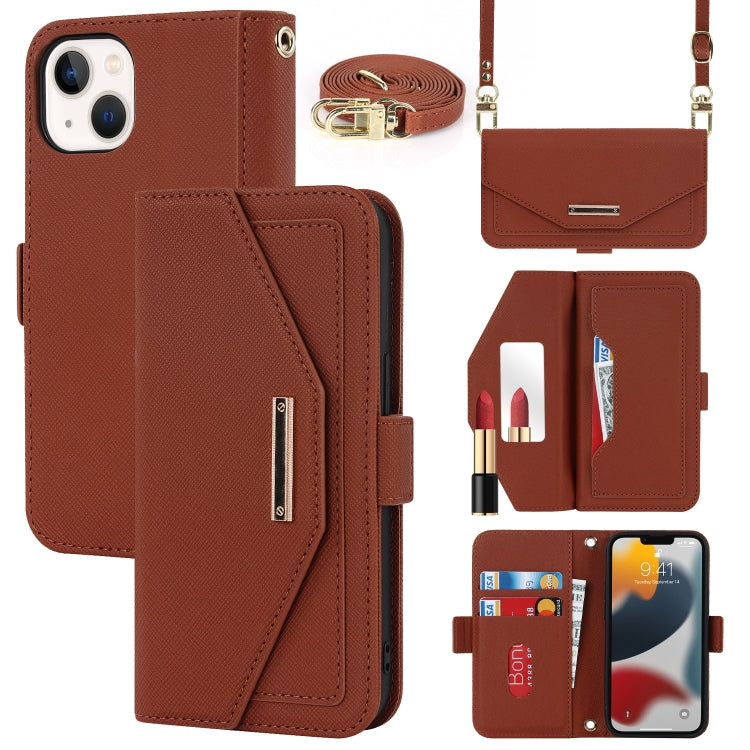 For iPhone 13 mini Cross Texture Lanyard Leather Phone Case