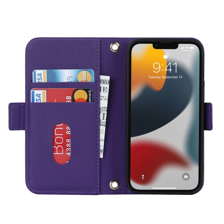 For iPhone 13 mini Cross Texture Lanyard Leather Phone Case