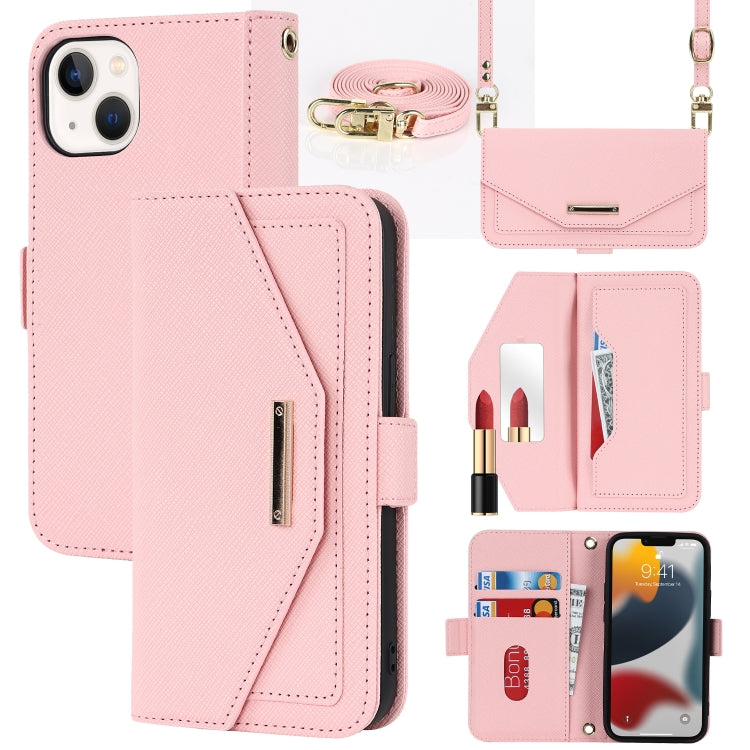For iPhone 13 mini Cross Texture Lanyard Leather Phone Case