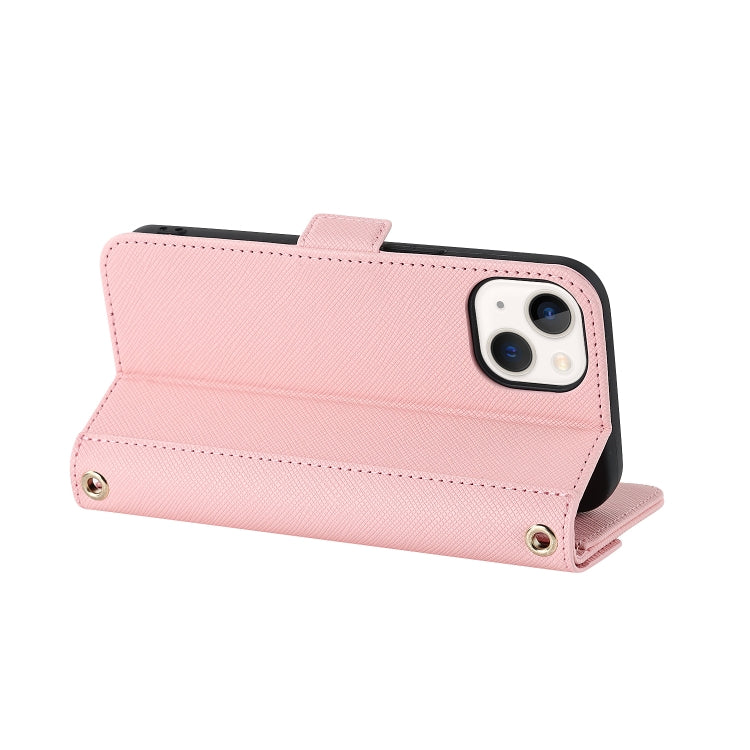 For iPhone 13 mini Cross Texture Lanyard Leather Phone Case
