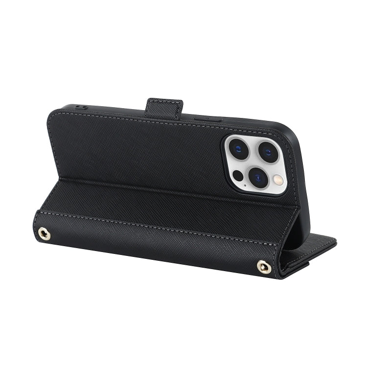 For iPhone 12 Pro Max Cross Texture Lanyard Leather Phone Case