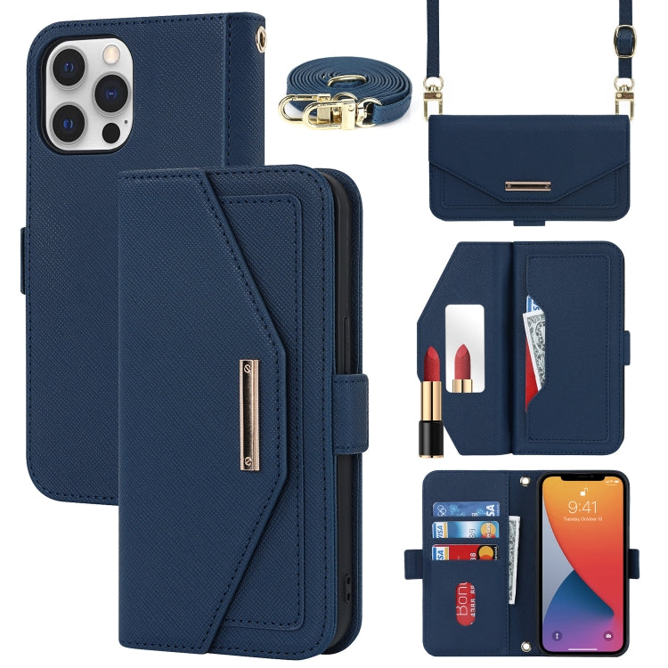 For iPhone 12 Pro Max Cross Texture Lanyard Leather Phone Case
