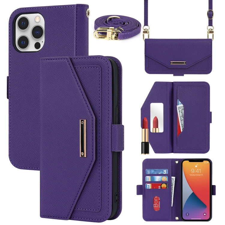 For iPhone 12 Pro Max Cross Texture Lanyard Leather Phone Case