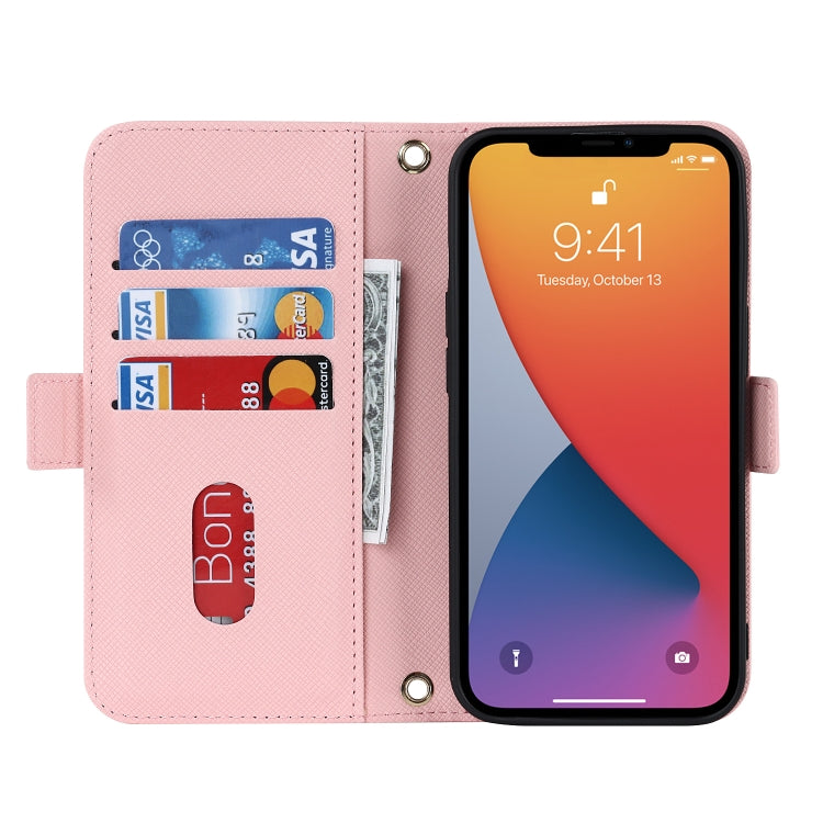 For iPhone 12 Pro Max Cross Texture Lanyard Leather Phone Case