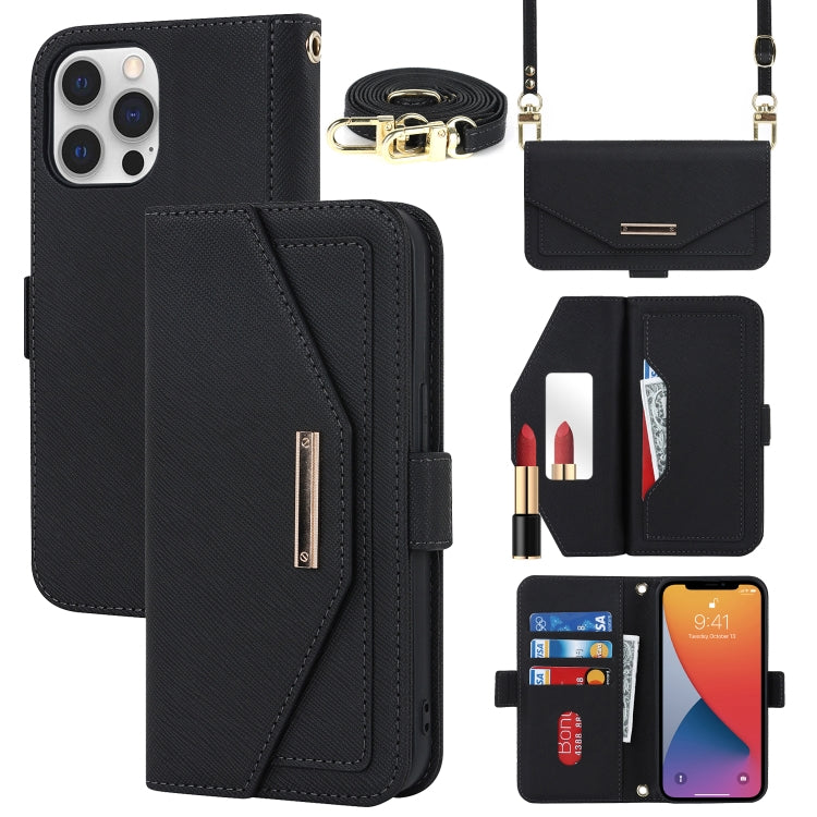 For iPhone 12 / 12 Pro Cross Texture Lanyard Leather Phone Case