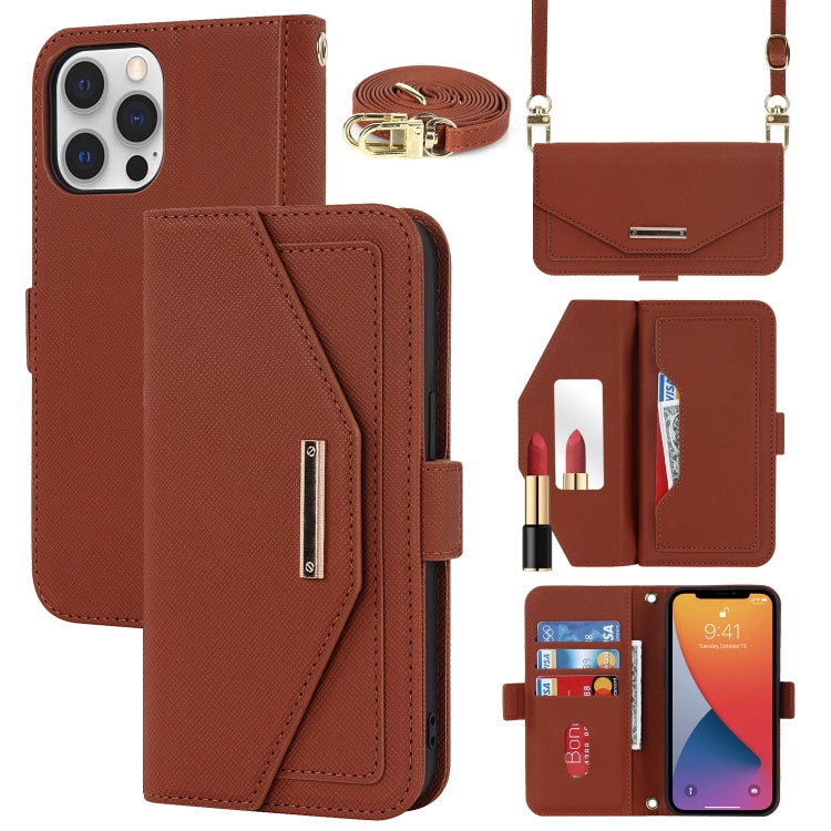 For iPhone 12 / 12 Pro Cross Texture Lanyard Leather Phone Case