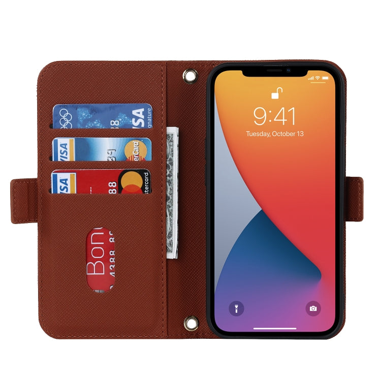 For iPhone 12 / 12 Pro Cross Texture Lanyard Leather Phone Case