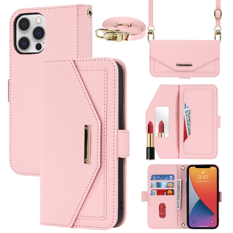 For iPhone 12 / 12 Pro Cross Texture Lanyard Leather Phone Case