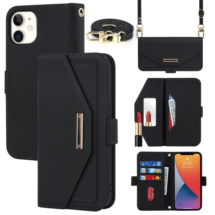 For iPhone 12 mini Cross Texture Lanyard Leather Phone Case