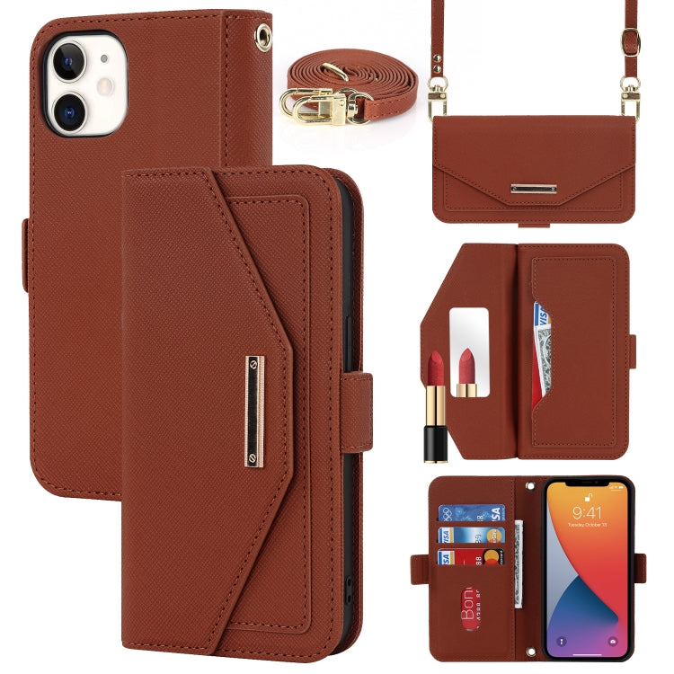 For iPhone 12 mini Cross Texture Lanyard Leather Phone Case