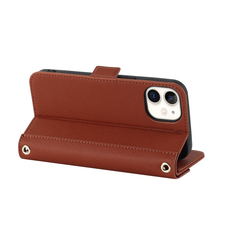 For iPhone 12 mini Cross Texture Lanyard Leather Phone Case