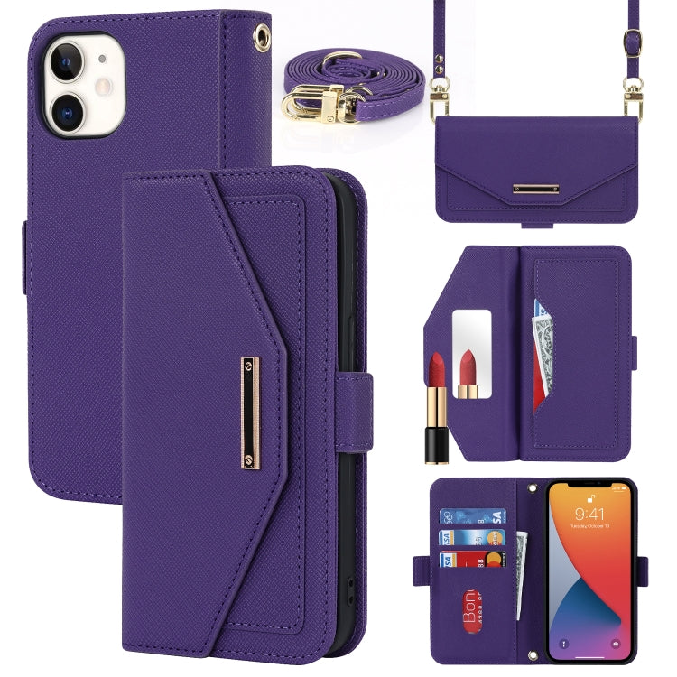 For iPhone 12 mini Cross Texture Lanyard Leather Phone Case
