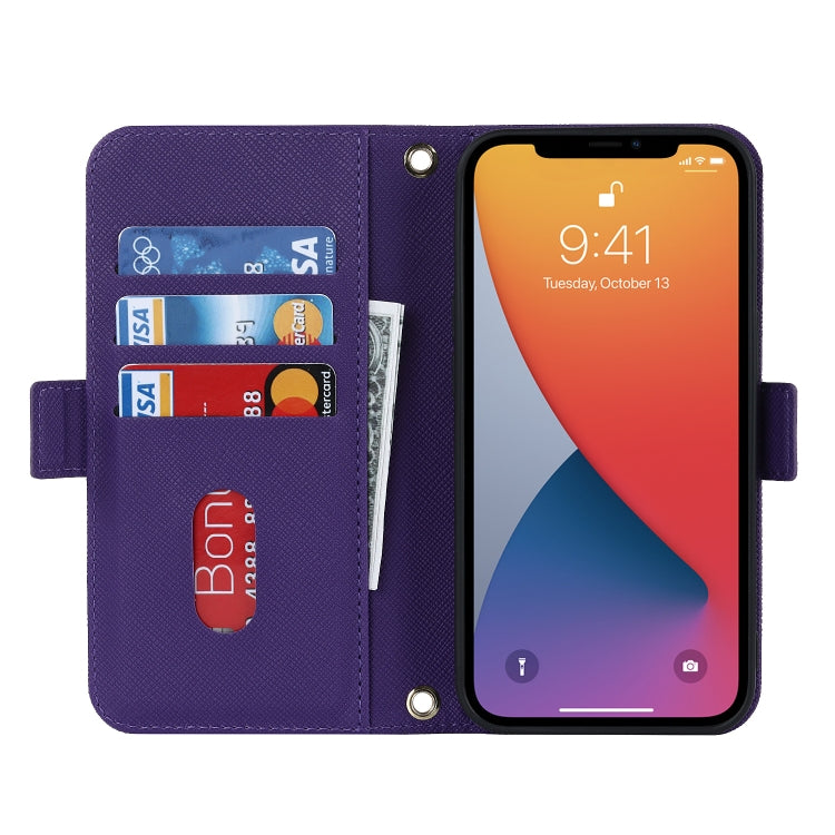 For iPhone 12 mini Cross Texture Lanyard Leather Phone Case
