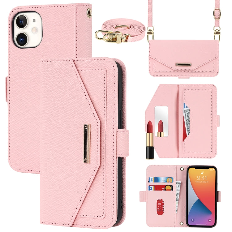 For iPhone 12 mini Cross Texture Lanyard Leather Phone Case