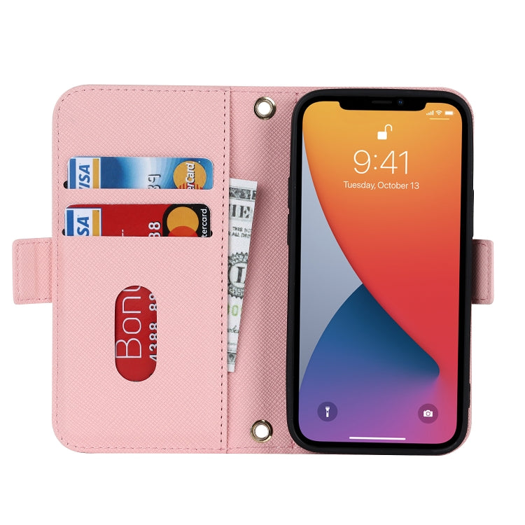For iPhone 12 mini Cross Texture Lanyard Leather Phone Case