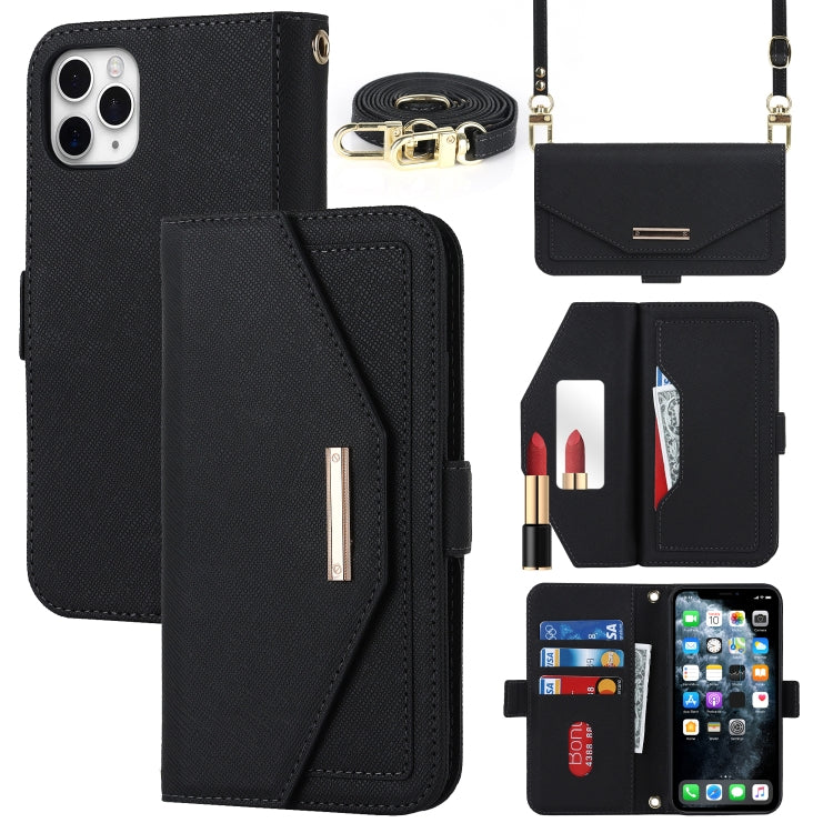 For iPhone 11 Pro Max Cross Texture Lanyard Leather Phone Case