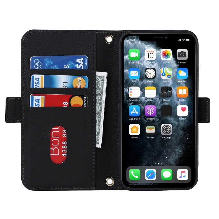 For iPhone 11 Pro Max Cross Texture Lanyard Leather Phone Case