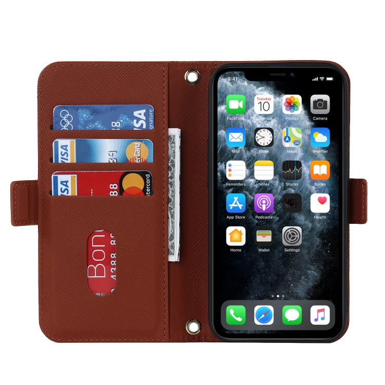 For iPhone 11 Pro Cross Texture Lanyard Leather Phone Case