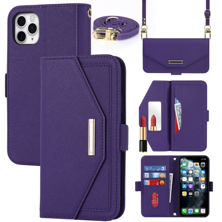 For iPhone 11 Pro Cross Texture Lanyard Leather Phone Case