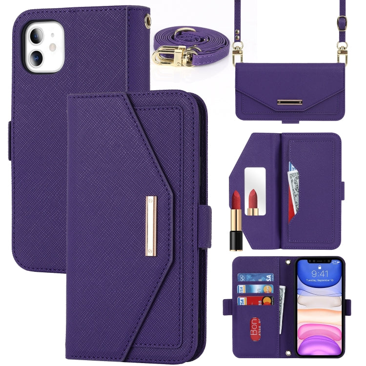 For iPhone 11 Cross Texture Lanyard Leather Phone Case