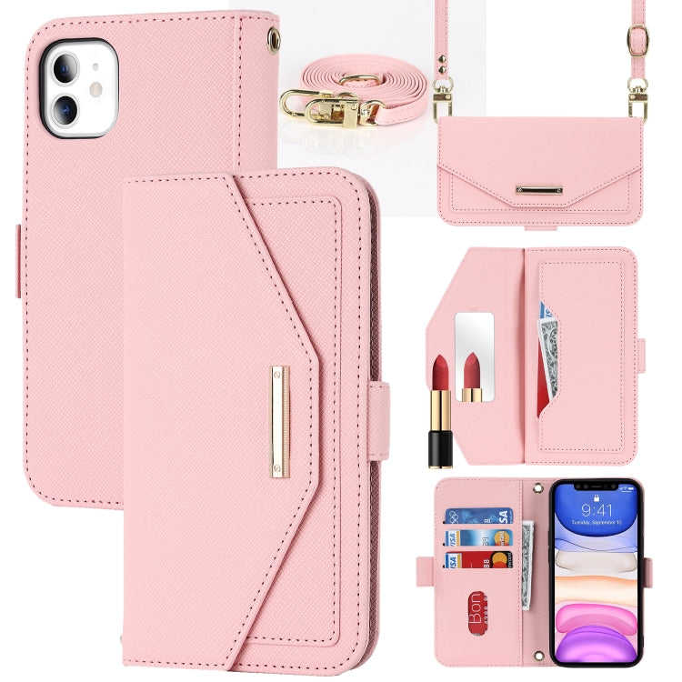For iPhone 11 Cross Texture Lanyard Leather Phone Case