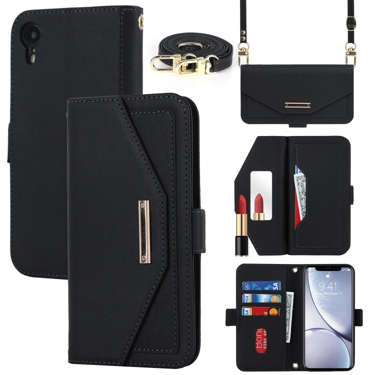 For iPhone XR Cross Texture Lanyard Leather Phone Case