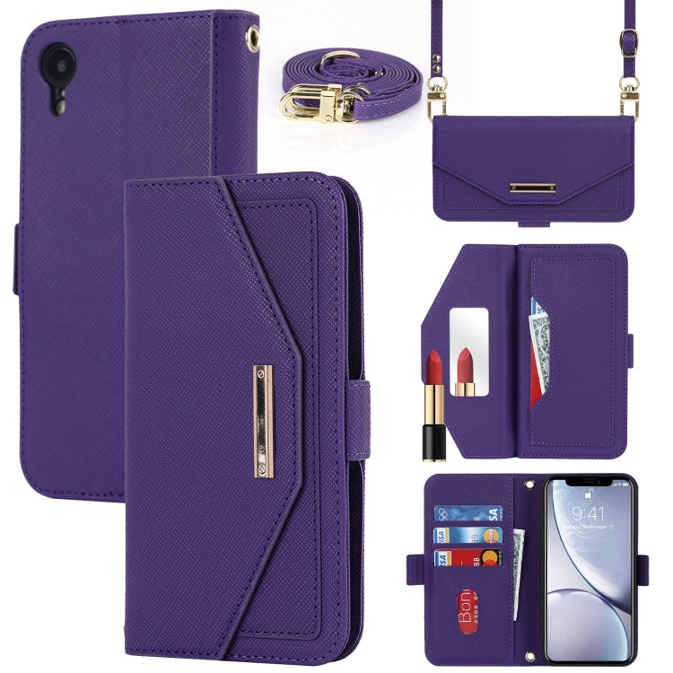 For iPhone XR Cross Texture Lanyard Leather Phone Case