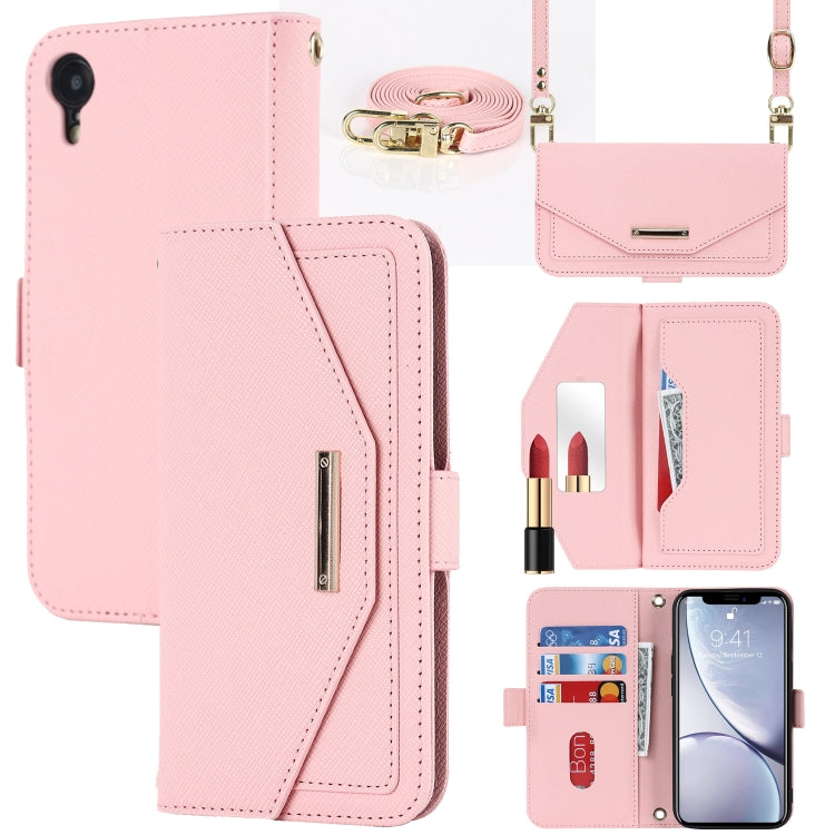 For iPhone XR Cross Texture Lanyard Leather Phone Case