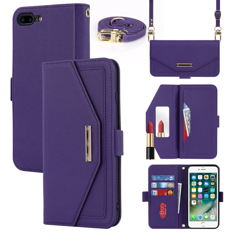 For iPhone 8 Plus / 7 Plus Cross Texture Lanyard Leather Phone Case