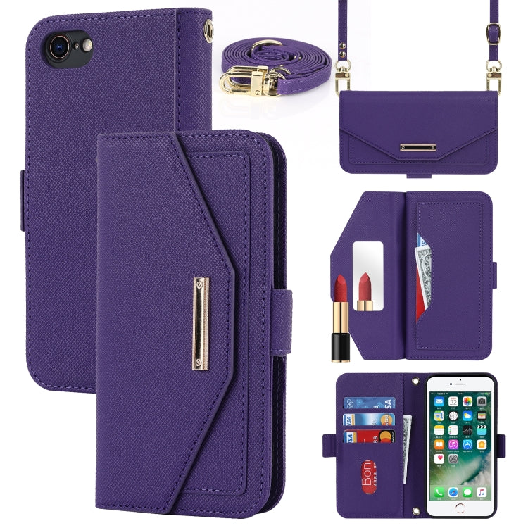 For iPhone SE 2022 / SE 2020 / 8 / 7 Cross Texture Lanyard Leather Phone Case