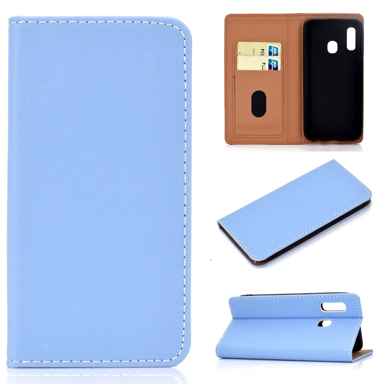 For Galaxy A20e Solid Color Frosted Magnetic Horizontal Flip Leather Case with Card Slots & Holder