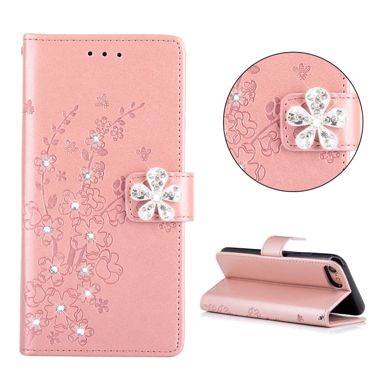 For iPhone SE 2022 / SE 2020 Diamond Encrusted Plum Blossom Embossing Pattern Horizontal Flip Leather Case with Holder & Card Slots & Wallet & Lanyard