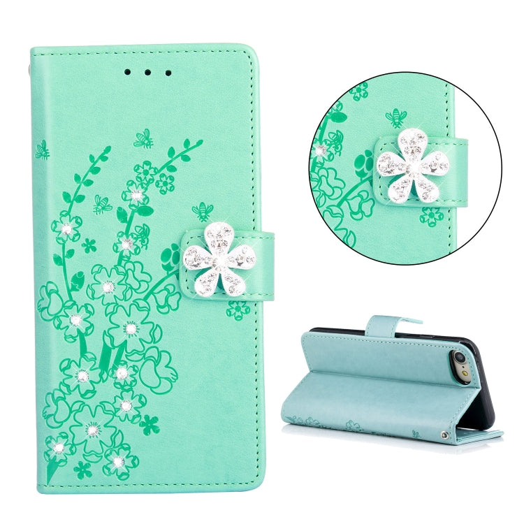 For iPhone SE 2022 / SE 2020 Diamond Encrusted Plum Blossom Embossing Pattern Horizontal Flip Leather Case with Holder & Card Slots & Wallet & Lanyard