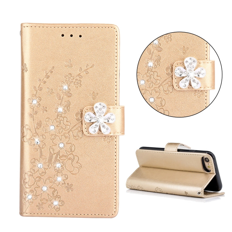 For iPhone SE 2022 / SE 2020 Diamond Encrusted Plum Blossom Embossing Pattern Horizontal Flip Leather Case with Holder & Card Slots & Wallet & Lanyard